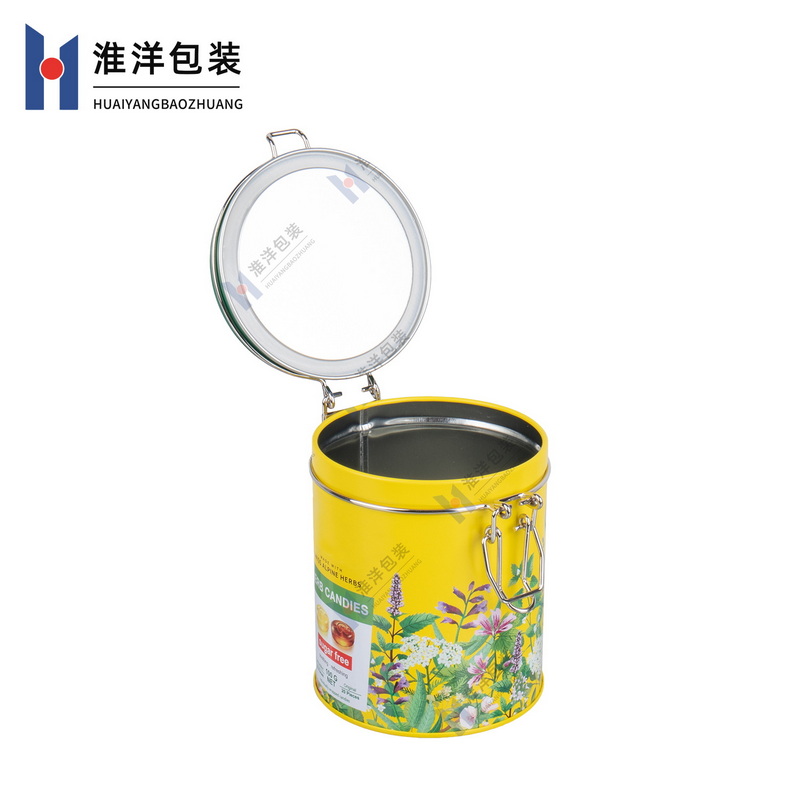Clip hinged lid Round herd candy tin box with latch and rubber seal